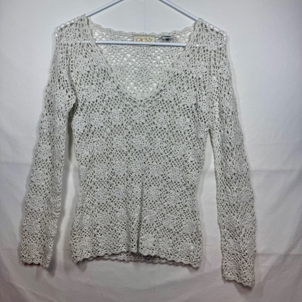 Cache White‎ Crochet Knit V Neck Long Sleeve Sparkle Sweater Top Women's Medium